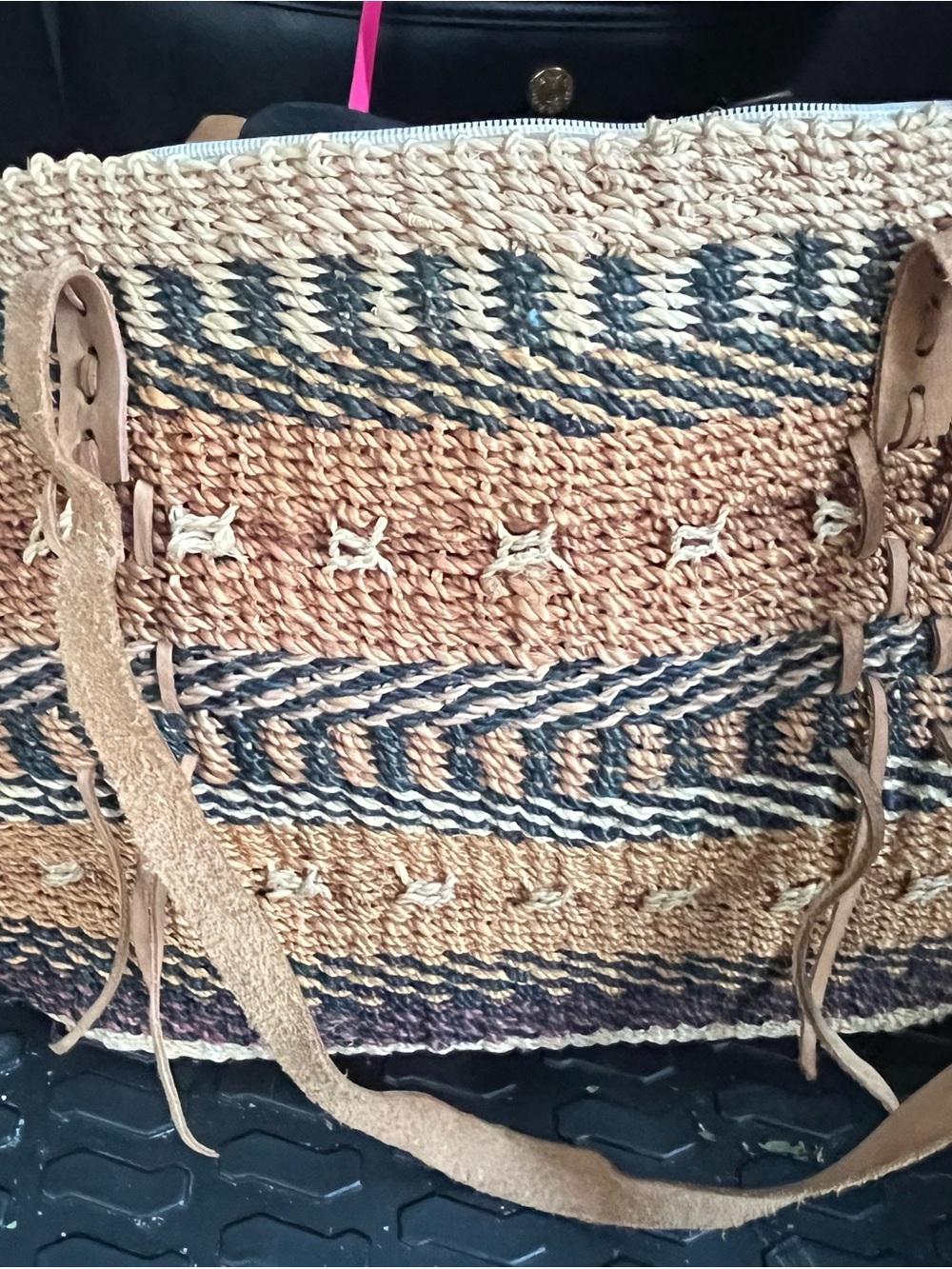 Vintage Woven Straw Tote Bag with Leather Straps - Natural Brown & Black